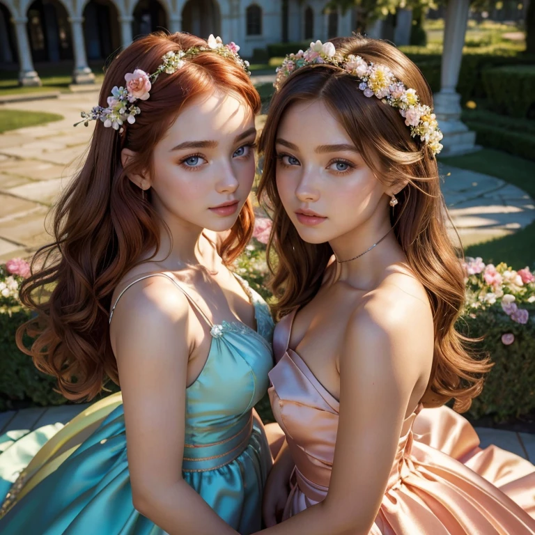 (masterpiece, best quality:1.5), highest quality, High resolution, super detailed, Realists, Upper body photo of a brunette -yeld maal girl, detailed and beautiful eyes, beautiful detailed lips, very detailed eyes and face, longeyelashes, shiny satin dress, Holding a magic wand in your hand, Cast a transformation spell, A snake turns into a bouquet of flowers, Magic wands present and shiny, Beautiful and colorful makeup, elegant and noble々The jewelry bag, Gardens as background, soft daylight, bright colors, fine brushstrokes, Portrait style, Silk dress fabric, beautiful color palette, glowing skin, First-class rendering, that captures every detail, enchanting atmosphere, subtle shadows and lights, (perfect anatomy:1.2), (The two stunning 14 and 12girls transform a snake into a bouquet of flowers (a transformation with the magic wand:1.4), (magnificent panorama view:1.2)