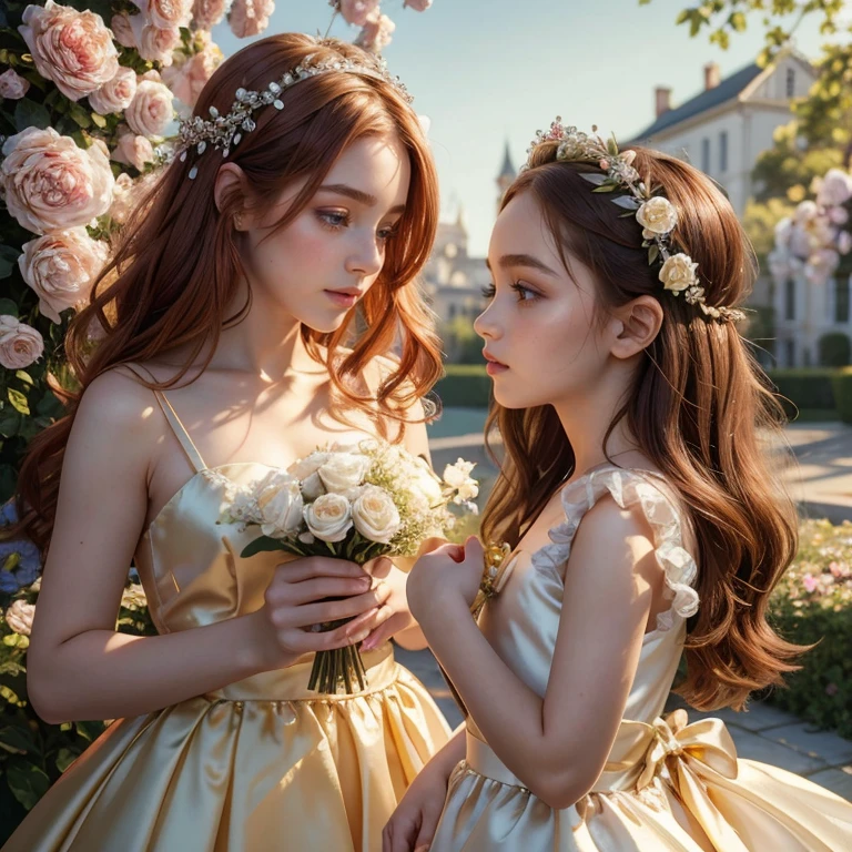 (masterpiece, best quality:1.5), highest quality, High resolution, super detailed, Realists, Upper body photo of a red-haired young flower girl, detailed and beautiful eyes, beautiful detailed lips, very detailed eyes and face, longeyelashes, Young girl in short flower girl dress made of shiny satin fabric, Beautiful and colorful makeup, elegant and noble々Pose,shiny satin headband, grind, Holding flowers, Gardens as background, soft daylight, bright colors, fine brushstrokes, Portrait style, Noble details in the dress fabric, beautiful color palette, glowing skin, First-class rendering, that captures every detail, enchanting atmosphere, subtle shadows and lights, (perfect anatomy:1.2), (The two stunning flower girls scatter rose petals. (magnificent panorama view:1.2)