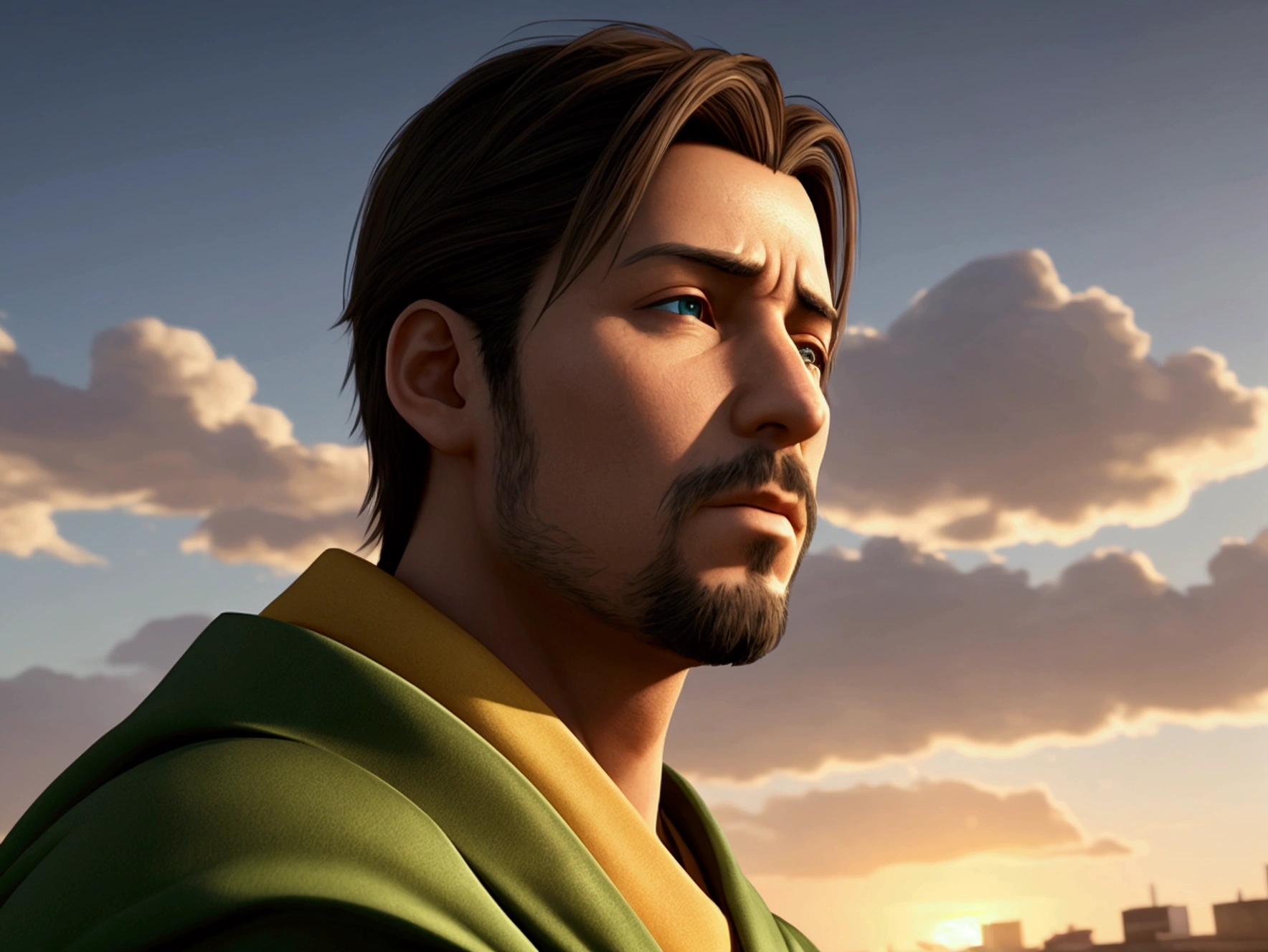 :Create an image of a 50-year-old man in a green robe, with yellow scarf over head, on his knees looking up at the sky. In heaven the face of God shines, taking over the sky and giving the impression of its omnipresence., Ludic, Cyberdélico, Futurism, Street level view, 3D rendering, flat ass, RPG Maker, cores correspondentes, Meatcore, beautiful lighting, dramatic lighting realistic 8k portrait fine details cinematic photorealism intricate details cinematic lighting photo realistic 8k