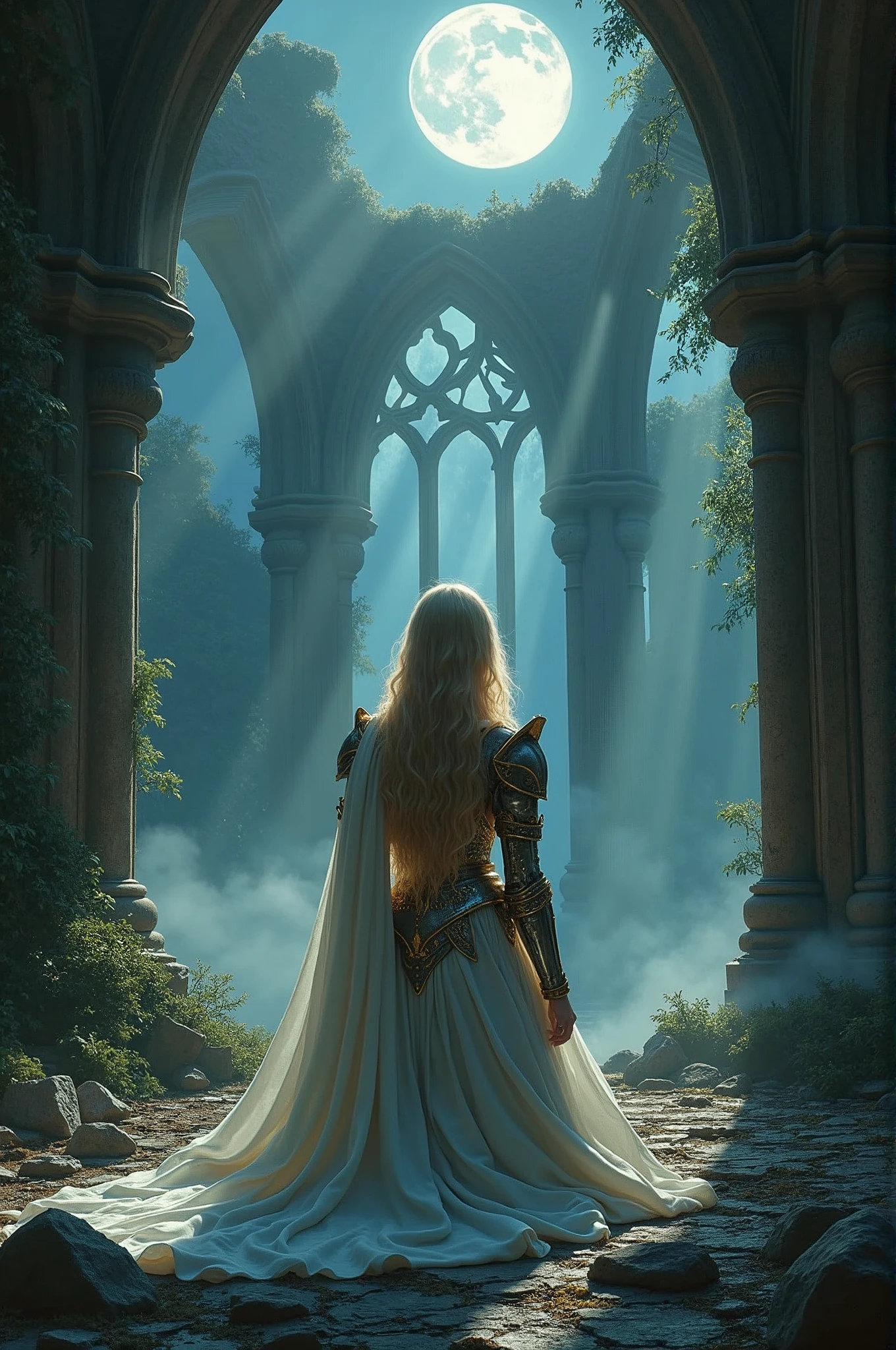 Create a breathtaking, ultra-high-definition image in 16K resolution that captures the ethereal and dark fantasy essence of a solemn confession scene. | Visualize a stunning female paladin with flowing blonde hair and a fair complexion, confessing at the ruins of a chapel bathed in visible moonlight with a Tyndall effect. Each element should be portrayed with meticulous attention to detail. | The paladin, adorned in a beautifully crafted silver and gold armor with intricate engravings, kneels with her head bowed, her expression a mix of sorrow and resolve. Her armor gleams softly in the moonlight, highlighting her strength and grace. She has a flowing white cloak that drapes elegantly around her. | The chapel, now in ruins, shows remnants of its grand arches and shattered stained glass windows, with moonlight streaming through the gaps and creating visible rays (Tyndall effect) that illuminate the scene. The floor is littered with broken stones and overgrown with dark, twisted vines, adding to the dark fantasy atmosphere. | The background features a simple, yet hauntingly magical setting with soft, glowing lights and ethereal mist swirling around. The sky is a gradient of deep blues and blacks, with a full moon casting an eerie glow over the landscape. | The composition should evoke a sense of melancholy and reverence, with vibrant colors and rich details, creating depth and immersion in this dark fantasy world. The image should capture every nuance of the paladin, her armor, and the ruined chapel, highlighting their unique characteristics while maintaining a cohesive and visually stunning presentation. | Keywords: (beautiful paladin:1.3), ((blonde hair)), ((confession)), ((ruined chapel)), ((moonlit Tyndall effect)), ((dark fantasy setting)).
