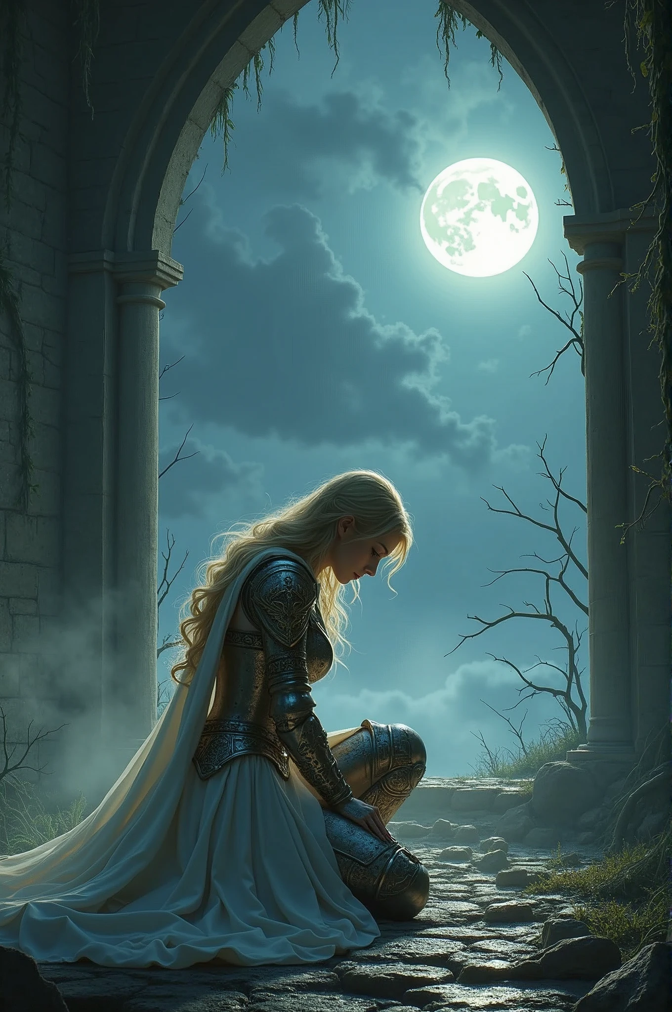 Create a breathtaking, ultra-high-definition image in 16K resolution that captures the ethereal and dark fantasy essence of a solemn confession scene. | Visualize a stunning female paladin with flowing blonde hair and a fair complexion, confessing at the ruins of a chapel bathed in visible moonlight with a Tyndall effect. Each element should be portrayed with meticulous attention to detail. | The paladin, adorned in a beautifully crafted silver and gold armor with intricate engravings, kneels with her head bowed, her expression a mix of sorrow and resolve. Her armor gleams softly in the moonlight, highlighting her strength and grace. She has a flowing white cloak that drapes elegantly around her. | The chapel, now in ruins, shows remnants of its grand arches and shattered stained glass windows, with moonlight streaming through the gaps and creating visible rays (Tyndall effect) that illuminate the scene. The floor is littered with broken stones and overgrown with dark, twisted vines, adding to the dark fantasy atmosphere. | The background features a simple, yet hauntingly magical setting with soft, glowing lights and ethereal mist swirling around. The sky is a gradient of deep blues and blacks, with a full moon casting an eerie glow over the landscape. | The composition should evoke a sense of melancholy and reverence, with vibrant colors and rich details, creating depth and immersion in this dark fantasy world. The image should capture every nuance of the paladin, her armor, and the ruined chapel, highlighting their unique characteristics while maintaining a cohesive and visually stunning presentation. | Keywords: (beautiful paladin:1.3), ((blonde hair)), ((confession)), ((ruined chapel)), ((moonlit Tyndall effect)), ((dark fantasy setting)).
