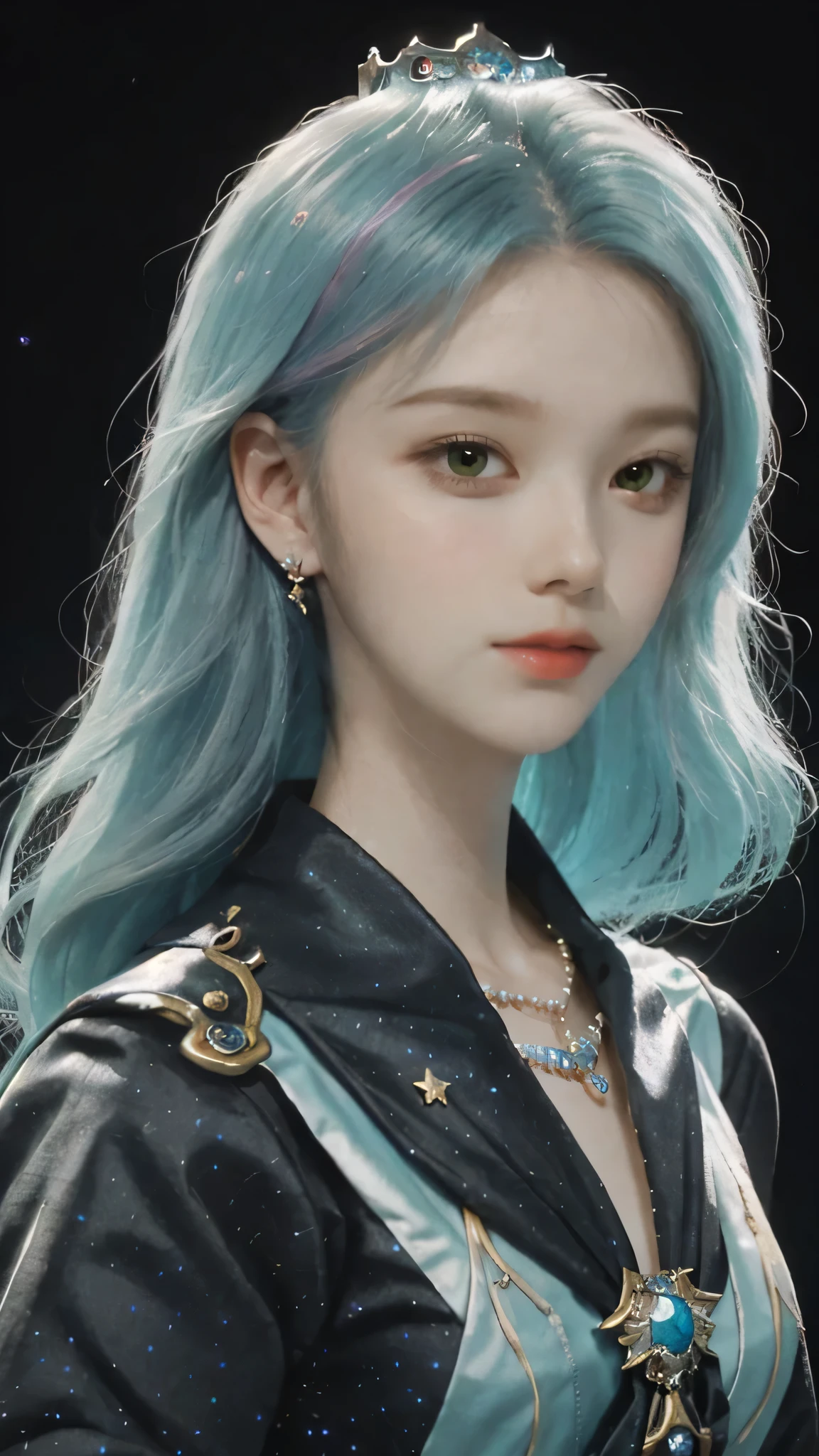 18 years old, incomparable white face, close-up of a woman, black background, hanging with colorful jewelry, full covered clothes, colorful, fantasy art style, colorful pastel, beautiful colorful hair, cute colorful cute, anime style. 8k, beautiful and colorful, anime girl with cosmic hair, inspired by Seihiko-kun, colorful aesthetics, colorful dreams, colorful, ((beautiful fantasy queen))