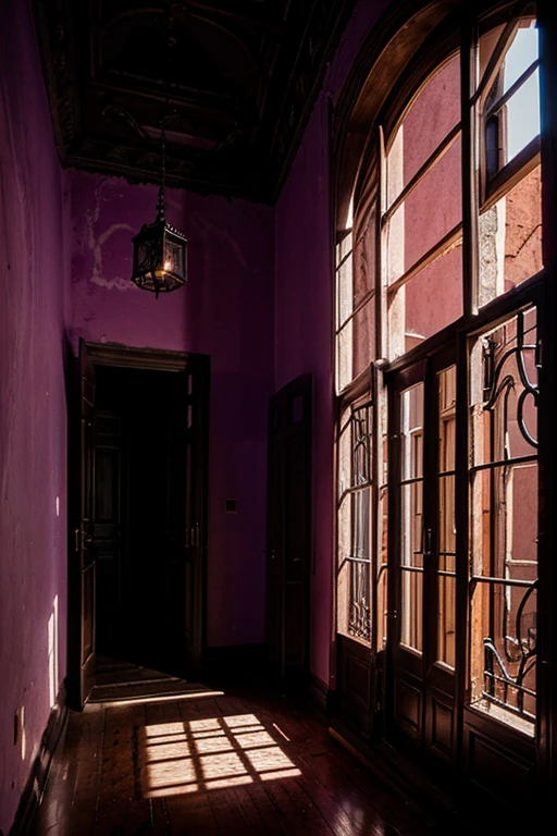 Haunted house, rooms with mucielagos. a lot of beauty, red, purple, reflexes