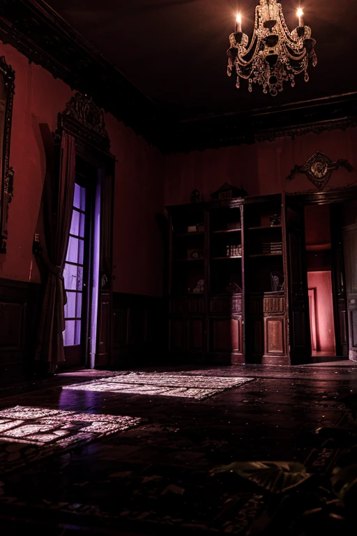 Haunted house, rooms with mucielagos. a lot of beauty, red, purple, reflexes 