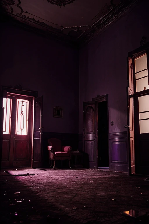Haunted house, rooms with mucielagos. a lot of beauty, red, purple, reflexes 