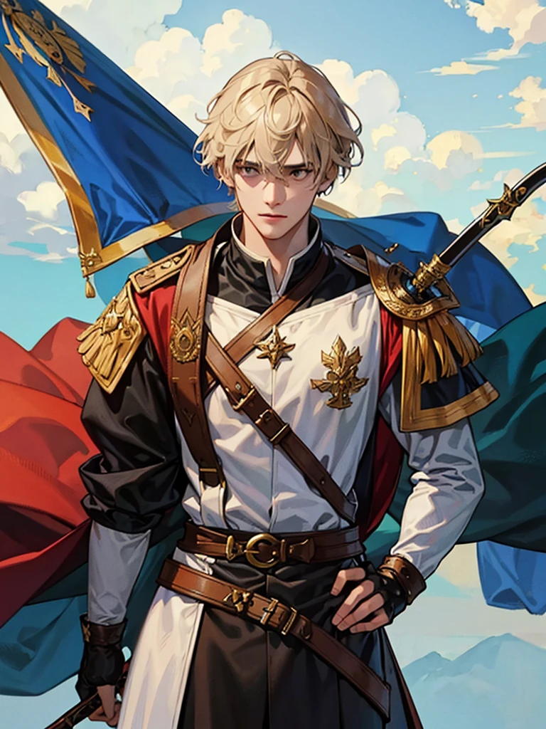 A 20 years old wearing medieval fantasy military commander, dual sword on his back