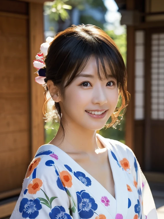 face is :9,3492120809], Naive 33-year-old wife、Sit on the floor、Disturbing the yukata、Height 156 cm, slightly chubby figure、((Japan in a yukata))、Yukata at Japan Ryokan、Shoulder out、clavicle、Japanese Models, Short Layer Hair、A smile、Smile、japanaese girl, bath robe、Neat and clean Japan woman, goddess of Japan, Innocence、Raw photo, (in 8K、top-quality、​masterpiece:1.2)、(intricate detailes:1.4)、(Photorealsitic:1.4)、octane renderings、Complex 3D rendering ultra detail, Studio Soft Light, Rim Lights, vibrant detail, super detailing, realistic skin textures, Detail Face, Beautiful detail eyes, Very detailed CG Unity 16k wallpaper, make - up, (detailedbackground:1.2),　shinny skin、cleavage,large breast,expose tits,