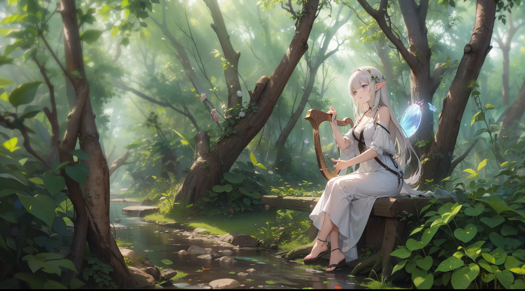 masterpiece, best quality, high quality, detailed, ultra detailed, hyper detailed, insanely detailed, exquisite, beautiful, FHD, Full-HD, 4K, 8K, 16K, highres, absurdres, forest, 1woman, Elf woman playing harp, meditating, intelligent, sitting, long hair, brown hair, silver hair, blue eyes, pale skin, fair skin, in the forest, with a tree, fantasy, beautiful, full body shot, lens flare, dust effect,five fingers