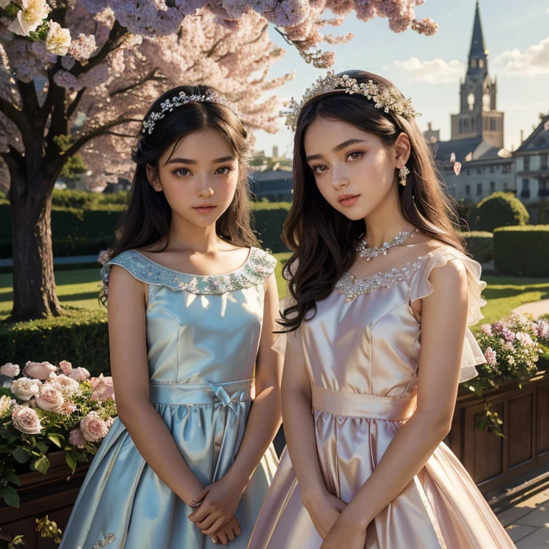 (masterpiece, best quality:1.5), highest quality, High resolution, super detailed, Realists, Upper body photo of a black-haired young flower girl, detailed and beautiful eyes, beautiful detailed lips, very detailed eyes and face, longeyelashes, Young girl in short flower girl dress made of shiny satin fabric, Beautiful and colorful makeup, elegant and noble々Pose,shiny satin headband, grind, Holding flowers, Gardens as background, soft daylight, bright colors, fine brushstrokes, Portrait style, Noble details in the dress fabric, beautiful color palette, glowing skin, First-class rendering, that captures every detail, enchanting atmosphere, subtle shadows and lights, (perfect anatomy:1.2), (The two stunning flower girls scatter rose petals. (magnificent panorama view:1.2)
