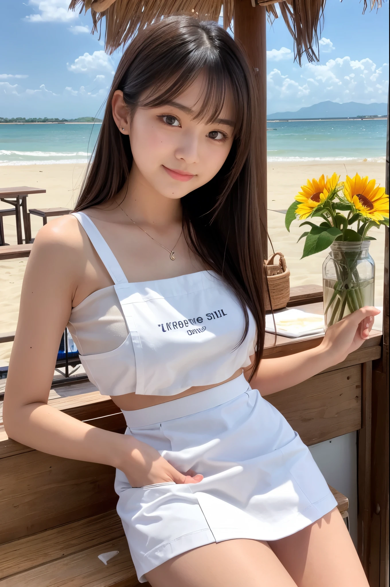 20 years old girl (Japanese cute face) is wearing white apron, mini skirt at the beach bar with sunflower