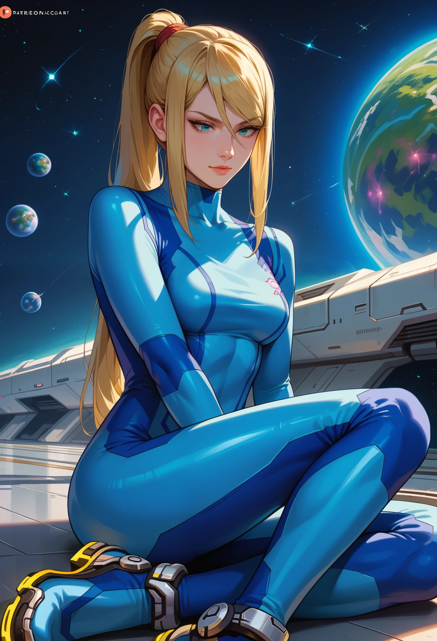 score_9, score_8_up, score_7_up, 1girl, solo,defSamus, blonde hair, long hair, bodysuit, blue clothes, blue pants, blue gloves, sitting on ground, without shoes,  slight smile, looking down, spaceship, space