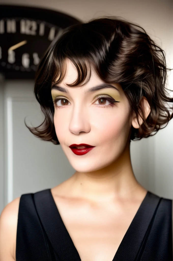 22 yrs Beautiful woman, ultra short french bob haircut, right hair part, side of head shaved, side shave, Flowing pastel sleeveless gown, (close-up, editorial photograph), [[Wide-angle photo]], (background inside dark, moody, private study:1.3), full body portrait, by lee jeffries, nikon d850, film stock photograph, 4 kodak portra 400, camera f1.6 lens, rich colors, hyper realistic, lifelike texture, dramatic lighting, velvia 50, eye contact, faint smile, wavy short french bob hair, 1920s hairstyle, short wavy hair, french bob, wavy pixie cut hair, wavy pixie hair, short black wavy hair, very short wavy hair, short french bob, bowlcut hair, shaved nape, shaved undercut, side shave, soft makeup, Dark Hazel eyes, Eye contact, pretty young woman in her 20's,
