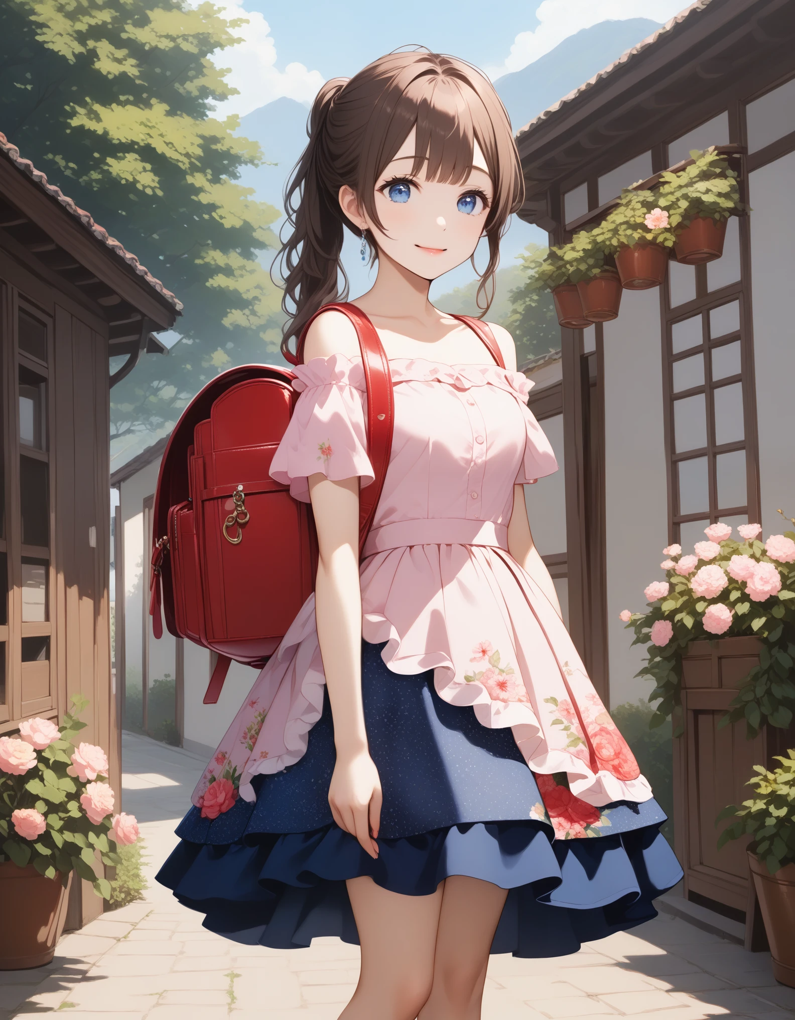 masterpiece, best quality, highres, 1girl, long hair, one side up, solo, ponytail,brown hair, blue eyes, bare shoulders, pink shirt, floral print skirt, short sleeves, off-shoulder shirt, frills, blue skirt, cowboy shot, smile,standing, fullbody, wear high heels, wearing randoseru backpack, (randoseru backpack:1.2), outdoor, day, standing 