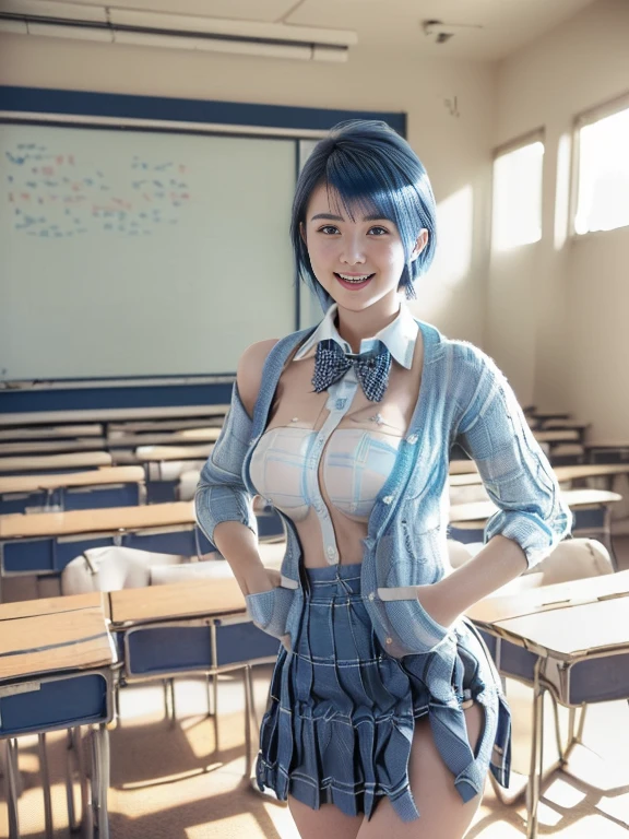 Sheer tank top、Transparent nipples、Big Tits、See-through underwear、pantyhose/stockings、Cheerleader、teacher、classroom、Blue Hair