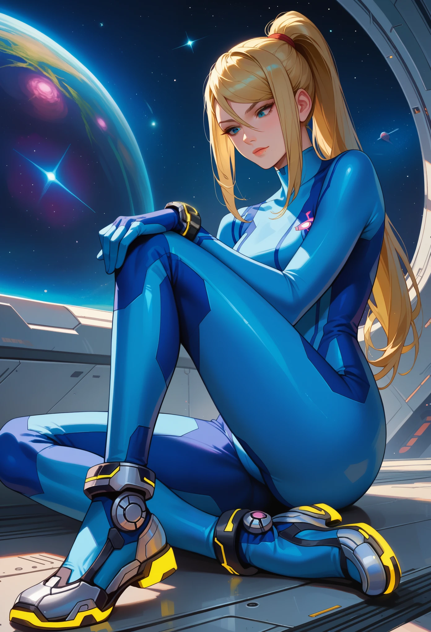 score_9, score_8_up, score_7_up, 1girl, solo,defSamus, blonde hair, long hair, bodysuit, blue clothes, blue pants, blue gloves, sitting on ground, without shoes,  slight smile, looking down, spaceship, space