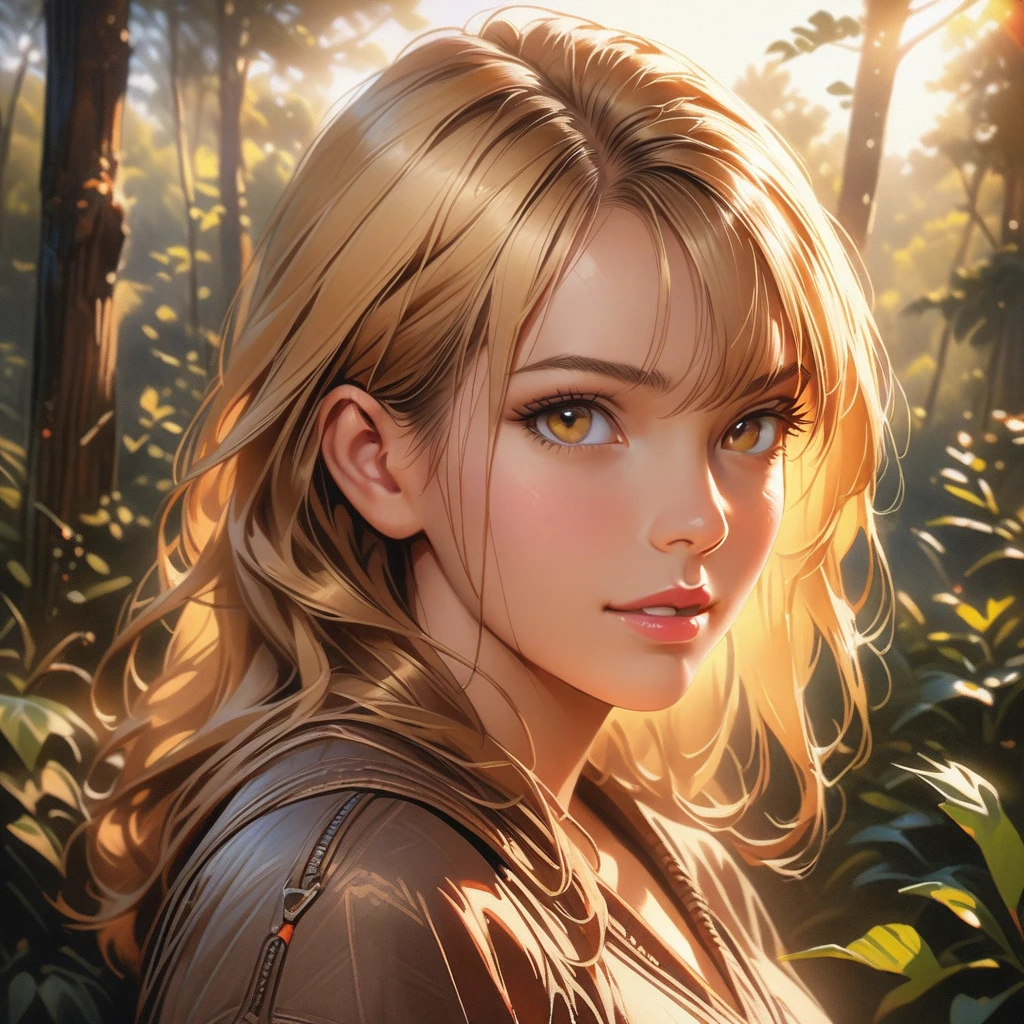A beautiful woman with detailed eyes, full lips, and long eyelashes, wearing a casual dress, in a forest setting with sunset lighting, (best quality,4k,8k,highres,masterpiece:1.2),ultra-detailed,(realistic,photorealistic,photo-realistic:1.37),highly realistic,close up portrait,SS sexy,blonde hair,parted lips,looking at viewer,forest background,sunset lighting
