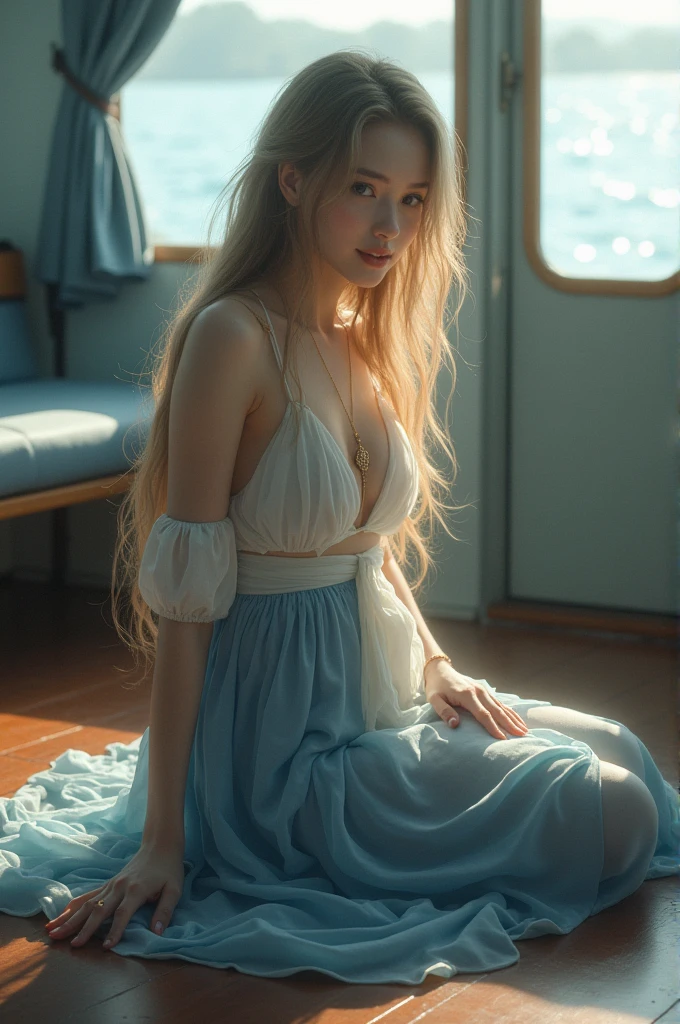 best quality, masterpiece, 1 Girl, Solitary, ferry, Long hair, ferryBase, High Leg Raise, Bare shoulders, Jewelry, sleeveless, White Dress, Blue Skirt, Gloves, floor room, floor, Wooden floor, sit, sit on floor, Put your hands on your legs, A faint smile, Soft lighting, whole body, Wide hips, Medium breasts