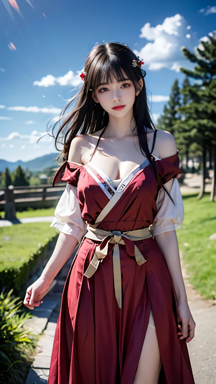 (logo、masterpiece、8k、Tabletop、RAW Photos、wonderful、最high quality、Photorealistic and very detailed CG composite 8k wallpaper、high quality、Very detailed、Narrative poem、Particle Effects、Dynamic Effects、Depth of the Boundary) What is written is、Cinematic Light、Lens flare、Ray Tracing)、Fantasy、(night、Night Sky、Starry Sky、full moon)、(Girl looking up at the sky)、(Red dress)、sit、cute、Japanese style、(smile)、Long Black Hair、Strong winds、(Hair blowing in the wind)、Natural light、moonlight、(Horizontal photography)、(breast enhancement)、(Low position)、(Low - Angle)