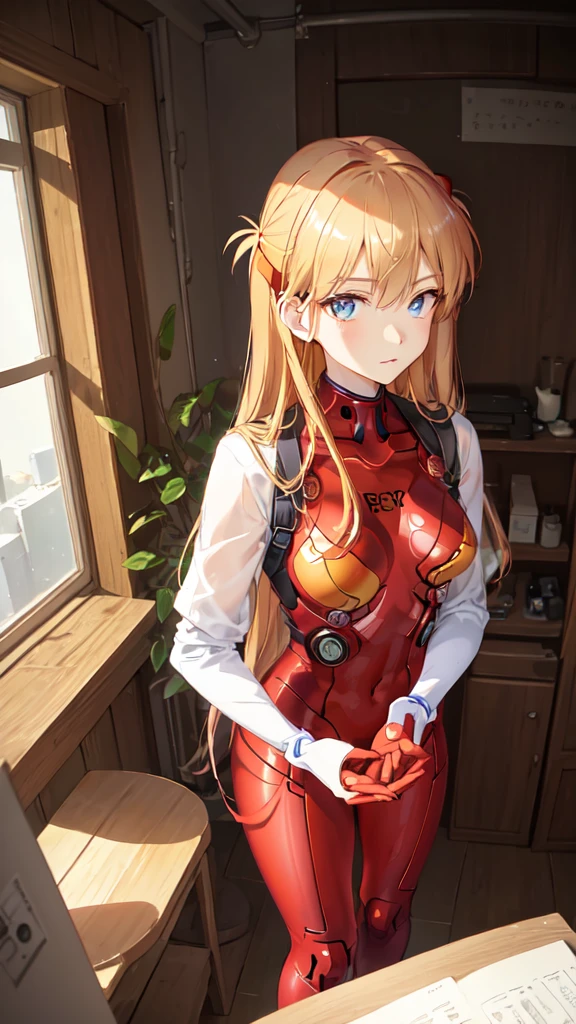 (Overhead view),dynamic angle,ultra-detailed, illustration, close-up, straight on, 1girl, 
 ((souryuu asuka langley, interface headset, red bodysuit:1.4, blonde)),Her eyes shone like dreamy stars,(glowing eyes:1.233),(beautiful and detailed eyes:1.1),(expressionless,closed mouth),(standing), 
(mechanic room with toolsand spaceship windowin a white SPACESHIP),
(night:1.2),dreamy, [[delicate fingers and hands:0.55]::0.85],(detail fingers),