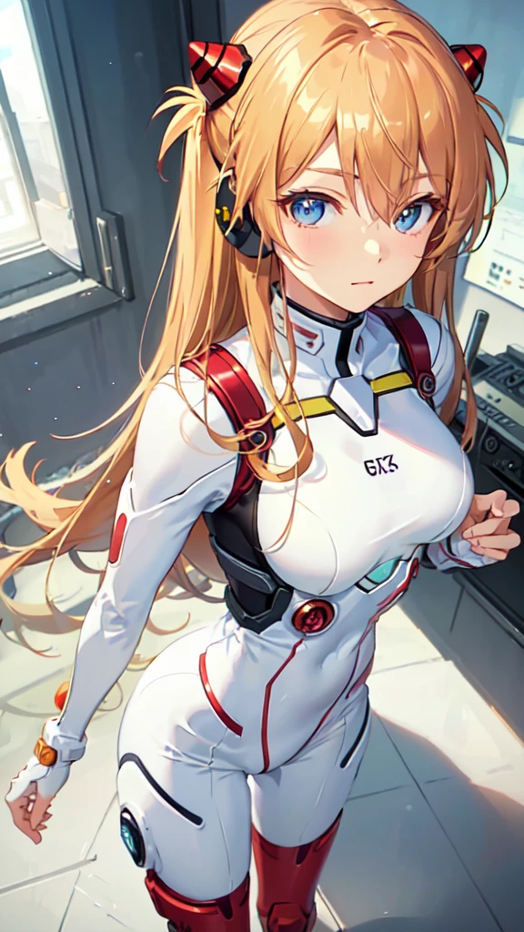 (Overhead view),dynamic angle,ultra-detailed, illustration, close-up, straight on, 1girl, 
 ((souryuu asuka langley, interface headset, red bodysuit:1.4, blonde)),Her eyes shone like dreamy stars,(glowing eyes:1.233),(beautiful and detailed eyes:1.1),(expressionless,closed mouth),(standing), 
(mechanic room with toolsand spaceship windowin a white SPACESHIP),
(night:1.2),dreamy, [[delicate fingers and hands:0.55]::0.85],(detail fingers),