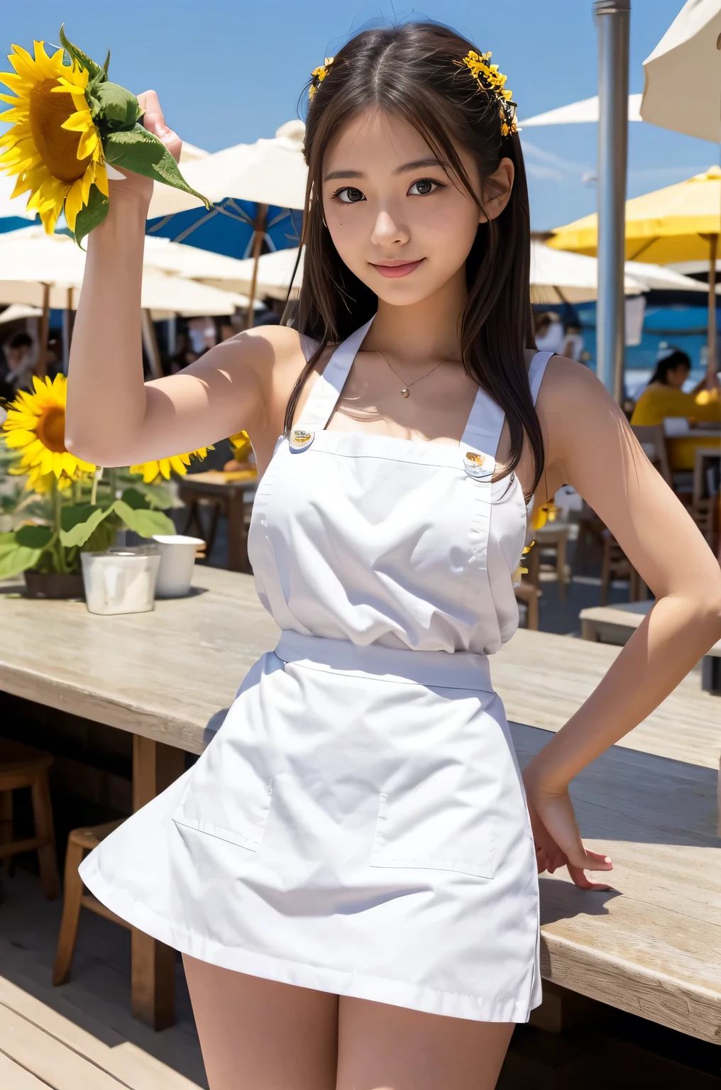 20 years old girl (Japanese pretty face) is wearing white apron, mini skirt at the beach bar with sunflower