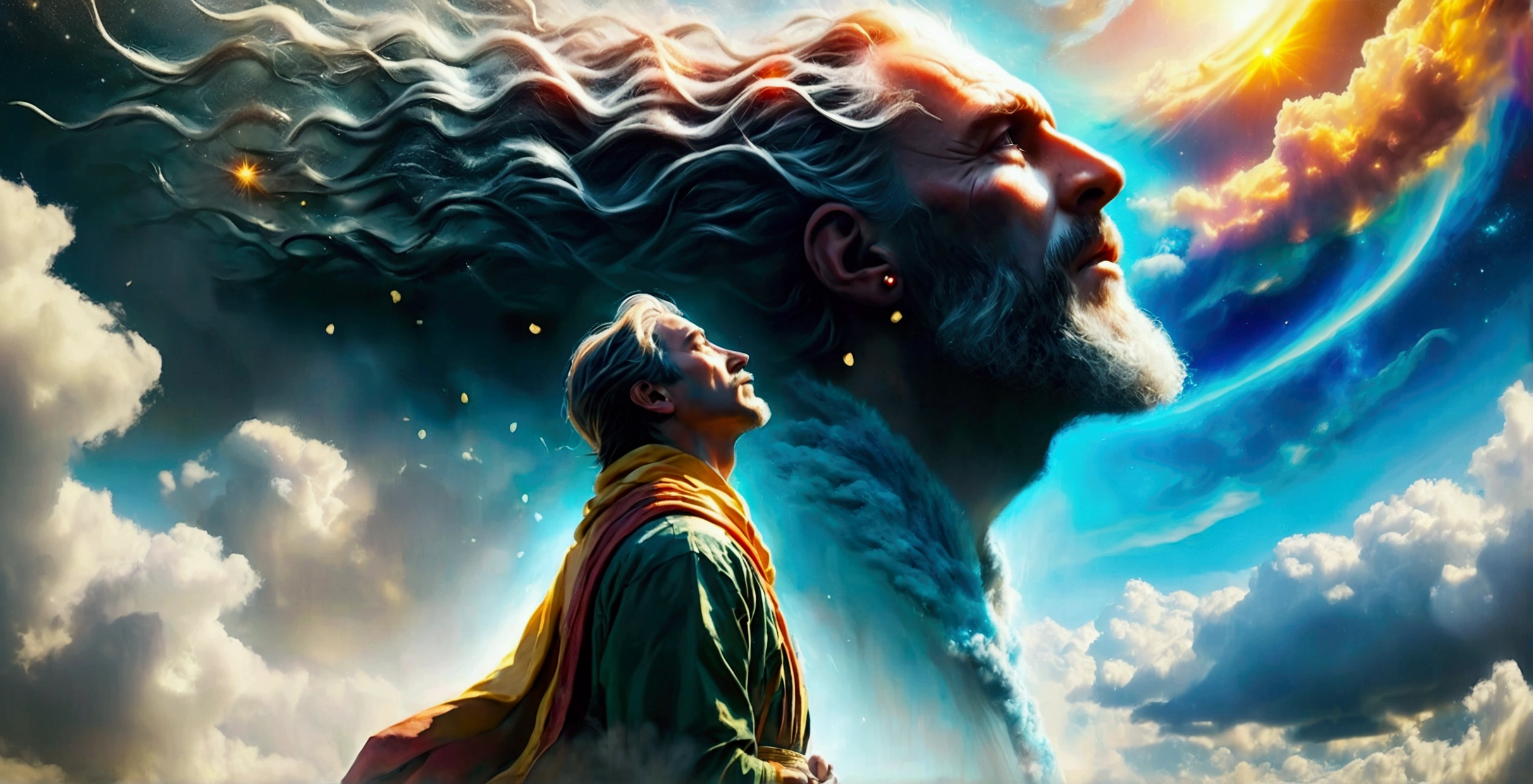 :Create an image of a 50-year-old man in a green robe, with yellow scarf over head, on his knees looking up at the sky. In heaven the face of God shines, taking over the sky and giving the impression of its omnipresence., Ludic, Cyberdélico, Futurism, Street level view, 3D rendering, flat ass, RPG Maker, cores correspondentes, Meatcore, beautiful lighting, dramatic lighting realistic 8k portrait fine details cinematic photorealism intricate details cinematic lighting photo realistic 8k