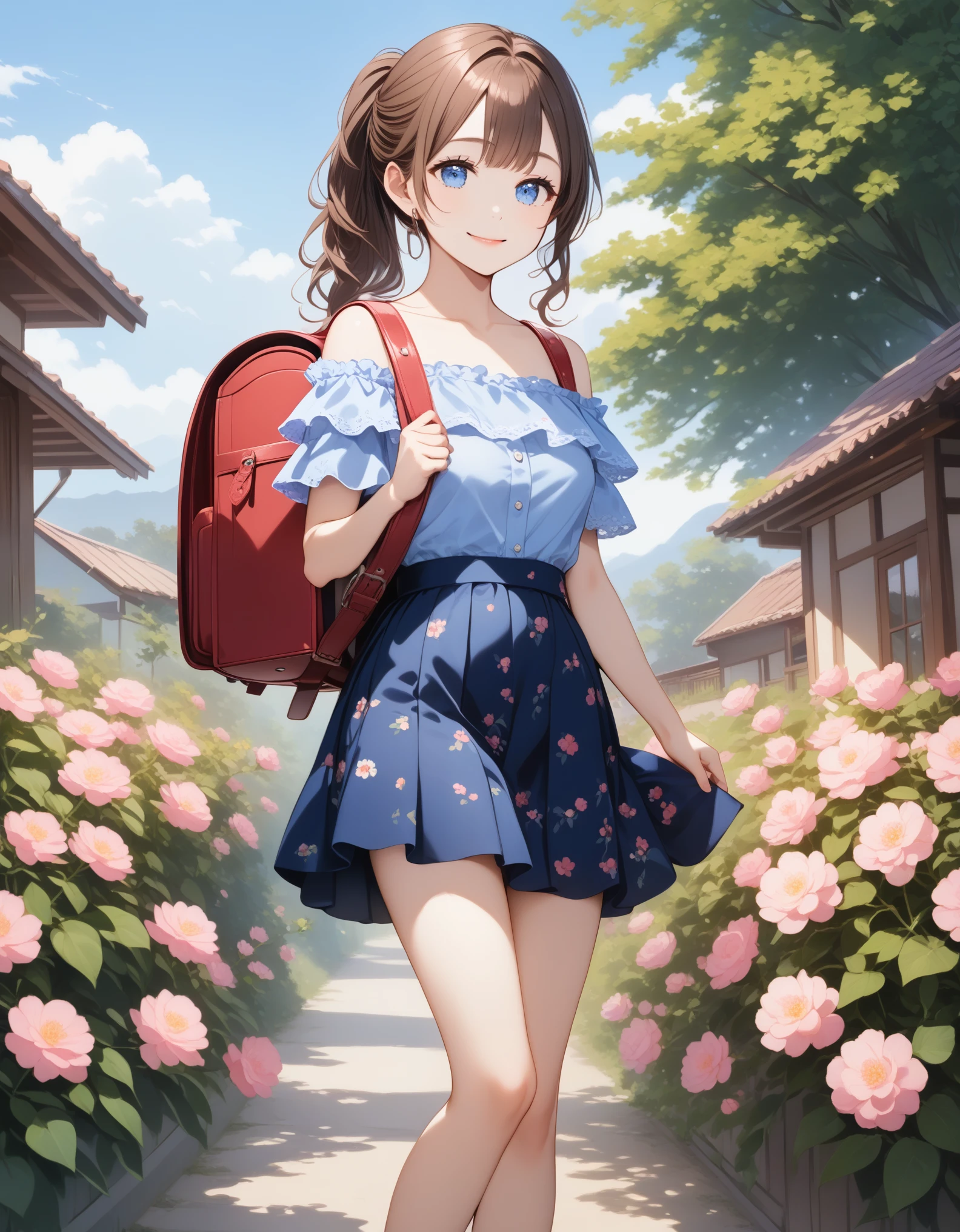 masterpiece, best quality, highres, 1girl, long hair, one side up, solo, ponytail,brown hair, blue eyes, bare shoulders, pink shirt, floral print skirt, short sleeves, off-shoulder shirt, frills, blue skirt, cowboy shot, smile,standing, fullbody, wear high heels, wearing randoseru backpack, (randoseru backpack:1.2), outdoor, day, standing 