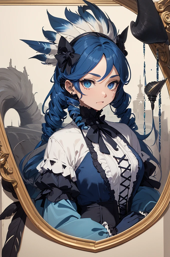 ((Super detailed illustration)), (Masterpiece, 8K), (Best quality, High quality), Perfect anatomy, Super detailed, Super detailed, Perfect design, 20-year-old, (((native American girly))), rostro maduro,, ((blue hair)), ((fang)), (((drill hair))), ((Blue eyes:1.2)), big eyes, ((Gothic)), ((Gothic Lolita)), hair between eyes, (Beautiful eyes: 1.1), elegant forms, natural inspiration,full body,((dark blue hair)),
