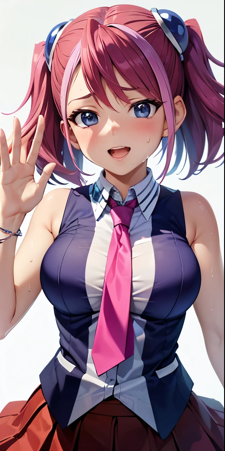 1 Female,High definition,high resolution,Ultra-realistic,8K, hy1, hair ornament, multicolored hair, necktie, skirt, sleeveless, , pink skirt, tight skirt,miniskirt, jewelry,European,sexy,Upper body close-up,Photographed from the front,Dynamic Angles,blush, medium tits, happy, wink the eye,facial, sweat,multicolored hair , 1 arm up, waving