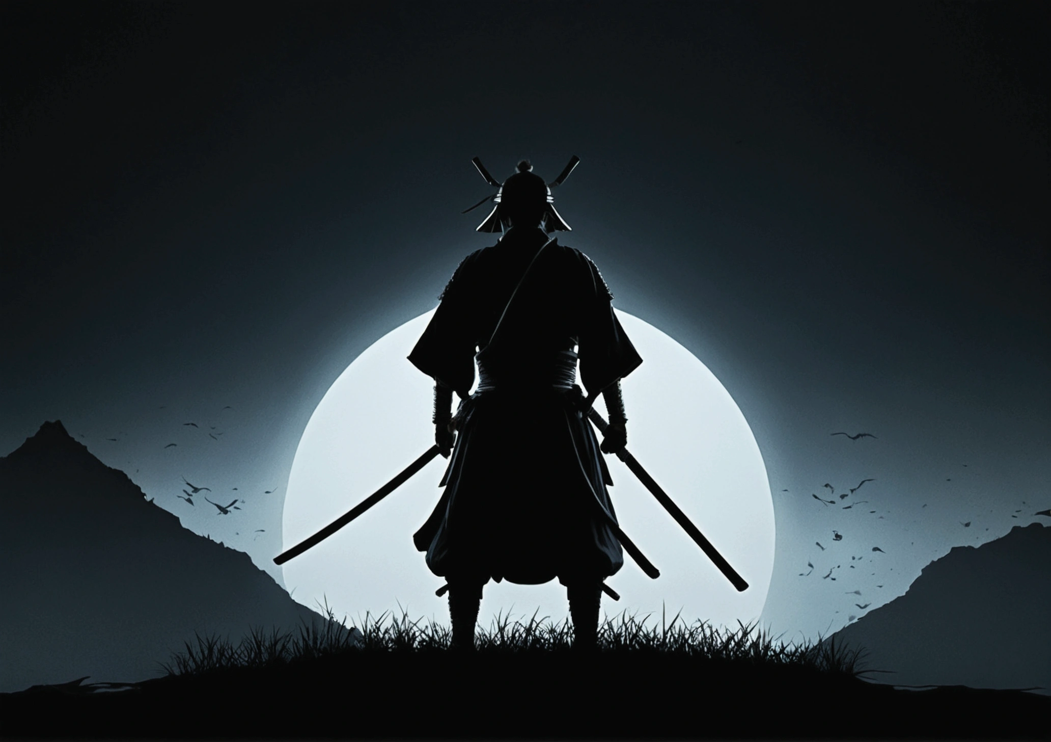 figure, Japanese atmosphere, samurai, dark, silhouette, cold