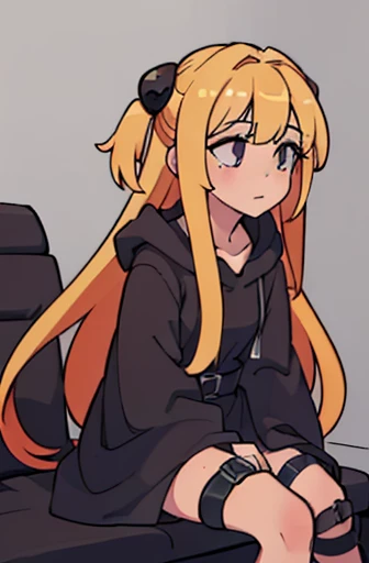 ((masterpiece,Best Quality)), absurdities, (beautiful finely detailed eyes: 1.2), mine, konjiki no mine, 1 girl, Alone, by rubio, by the wide, Red eyes, thigh strap, by the wide, separate sleeves, black dress,phmine minesch minenor phmine, 1girl, long hair, Alone, hair ornament, two siDe up, Blonde hair, red eyes, hair ornament