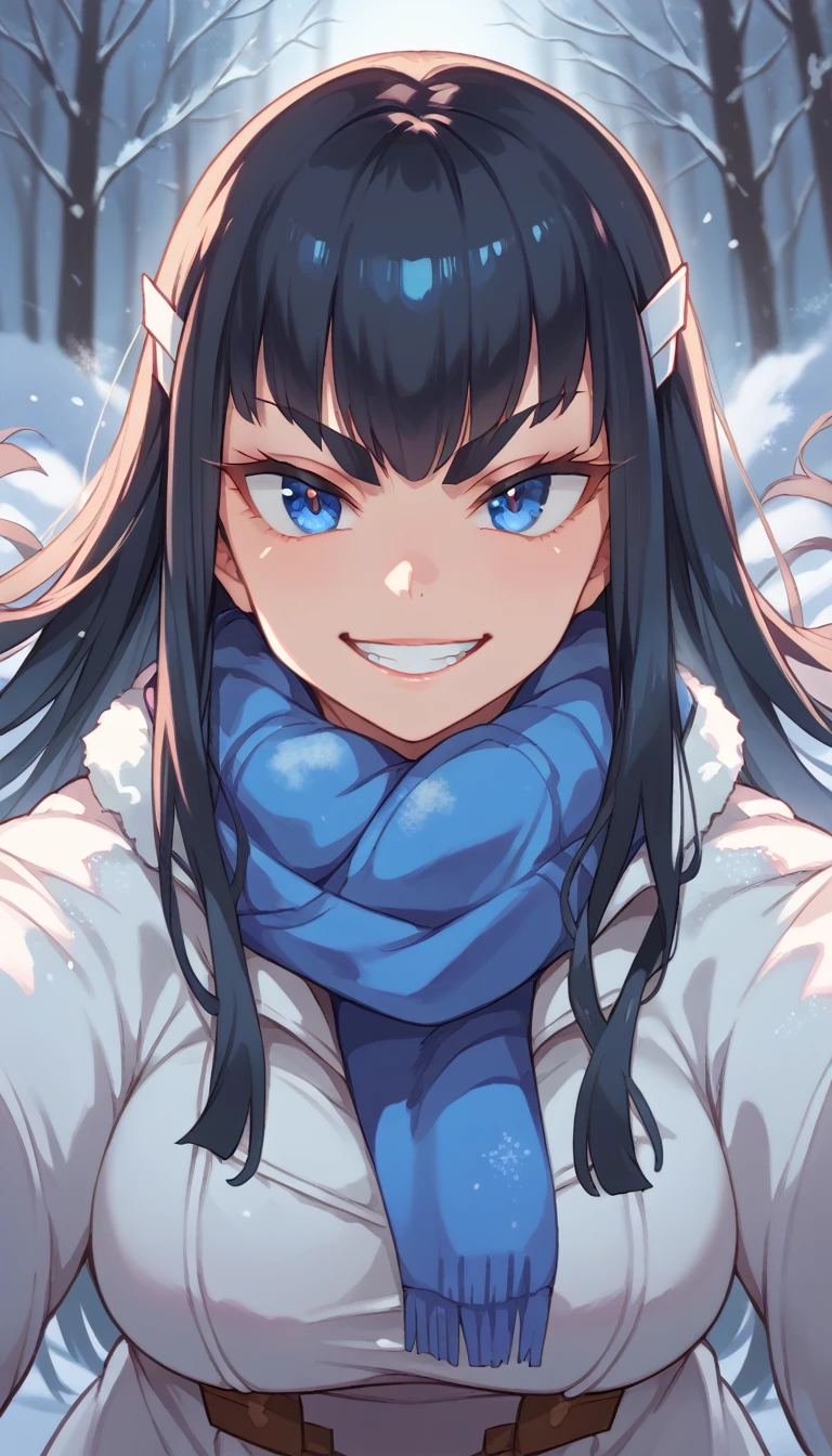 pov cheek warming \(meme\),1 girl,satsukiklk,
long hair, black hair, blue eyes , thick eyebrows,,big breasts,detailed eyes,detailed quality,Lighting, seductive_smile,grin,standing,winter, winter_coat,floating_scarf