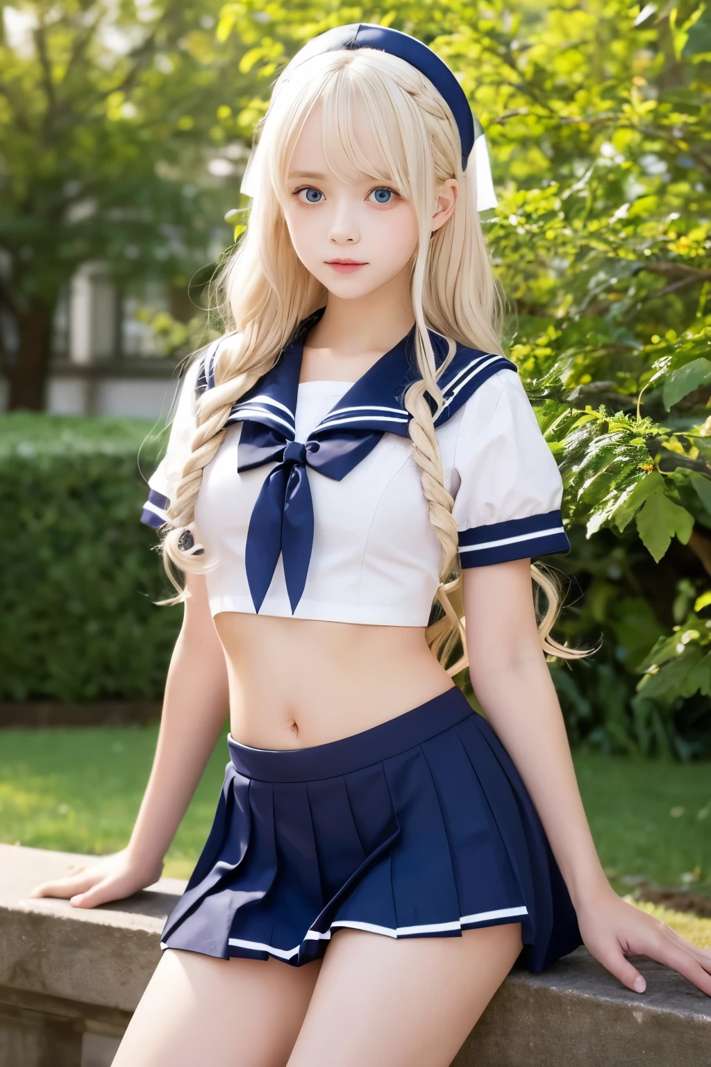 ((Highest quality)), ((masterpiece)), (detailed), One Girl, Sexy sailor uniform exposing the navel　 , Innocent beautiful German girl, Lolita-like features and ankle-length platinum blonde hair　slim　Dancing 