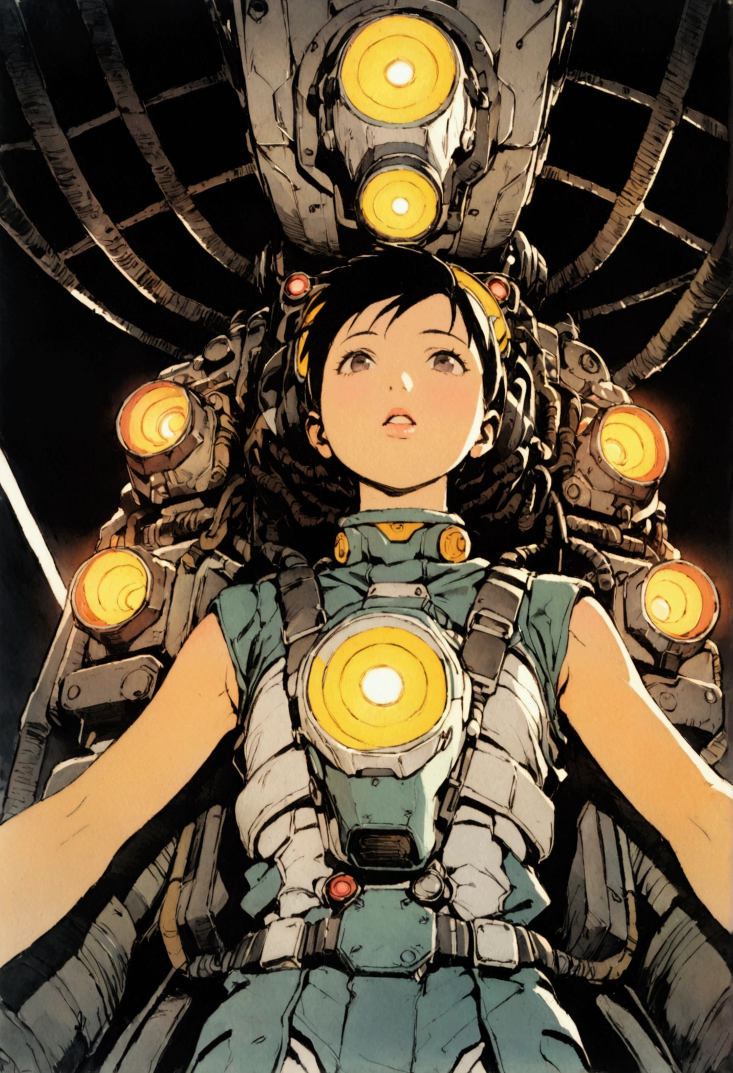 Mud Cockpit、Futuristic Suit、22 years old、woman、独奏、Black Hair、The gauge lights up、Helmet、Look diagonally upwards and shout、Upper Body、Masterpiece、Highest quality、Shooting with a wide-angle lens。