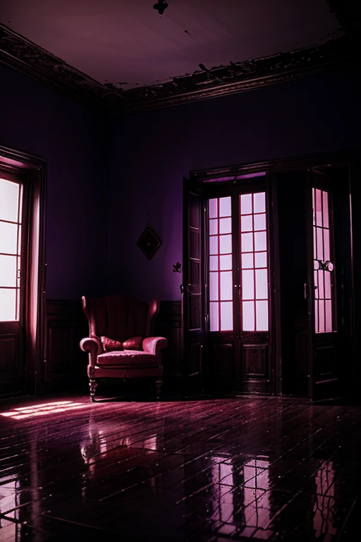 Haunted house, rooms with mucielagos. a lot of beauty, red, purple, reflexes