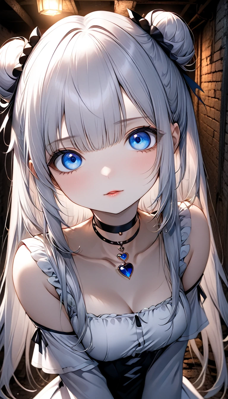 cute magical girl, (double bun, blunt bangs, silver straight long hair), amorous and lewd face, make-up, blue eyes, great proportion, white gothic bare top dress, choker, both hands above head, background dimly lit basement, (ultra detailed, absolutely resolution, best quality:1.3), 2.5D, delicate and dynamic, artistic photography, hyper realistic, graphic CG digital cartoon-style art