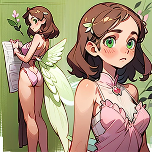 Sweet and gentle face, with bright green eyes and a kind expression.

Long, light brown hair, loose with soft waves. With flowers in her hair.

With a slim and natural body figure. Olive-toned skin.

Dressed in pink and fiusha erotic Lingerie  and with fairy wings 

(((character sheet))) ((various views)) ((front and back) (Face detail) (full body)
