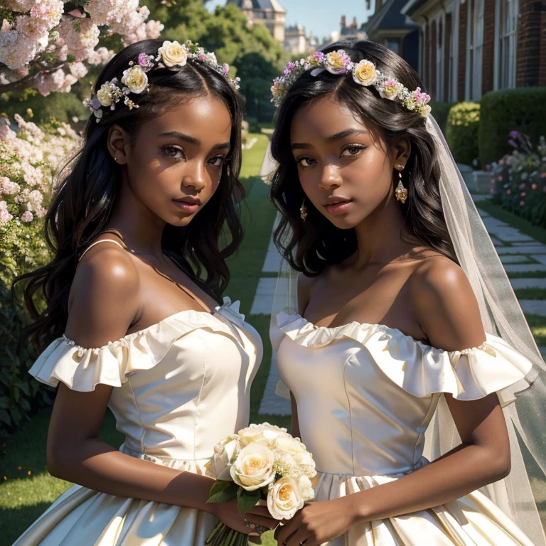 (masterpiece, best quality:1.5), highest quality, High resolution, super detailed, Realists, Upper body photo of an 18 year old black flower girl, dark skin, detailed and beautiful eyes, beautiful detailed lips, very detailed eyes and face, longeyelashes, 18-year-old woman in a blue short dress made of shiny satin fabric, Beautiful and colorful makeup, elegant and noble々Pose,shiny satin headband, grind, Holding flowers, Gardens as background, soft daylight, bright colors, fine brushstrokes, Portrait style, Noble details in the dress fabric, beautiful color palette, glowing skin, First-class rendering, that captures every detail, enchanting atmosphere, subtle shadows and lights, (perfect anatomy:1.2), (The two stunning 18-year-old flower girls carry baskets of rose petals. (magnificent panorama view:1.2)
