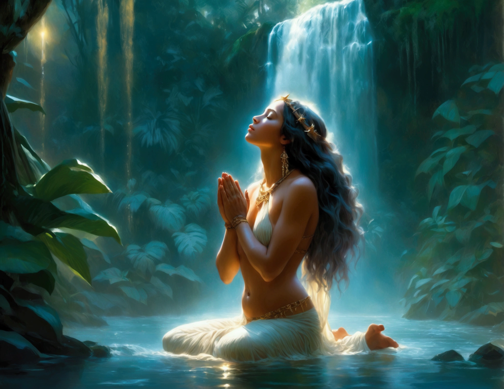 A lovely scantily clad woman prays for fertility at a jungle waterfall. A translucent goddess floats above the water and listens to her prayer. Moonlit confession