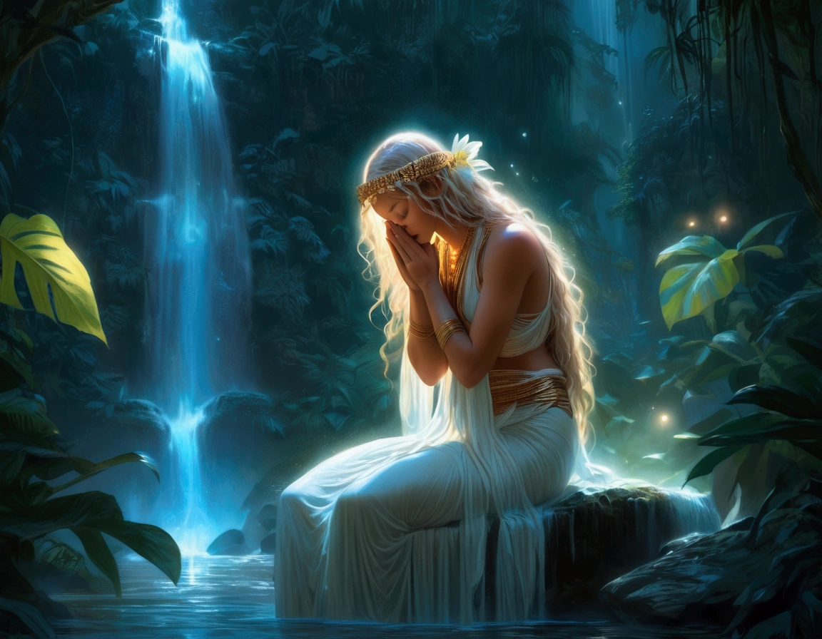 A lovely scantily clad woman prays for fertility at a jungle waterfall. A translucent goddess floats above the water and listens to her prayer. Moonlit confession