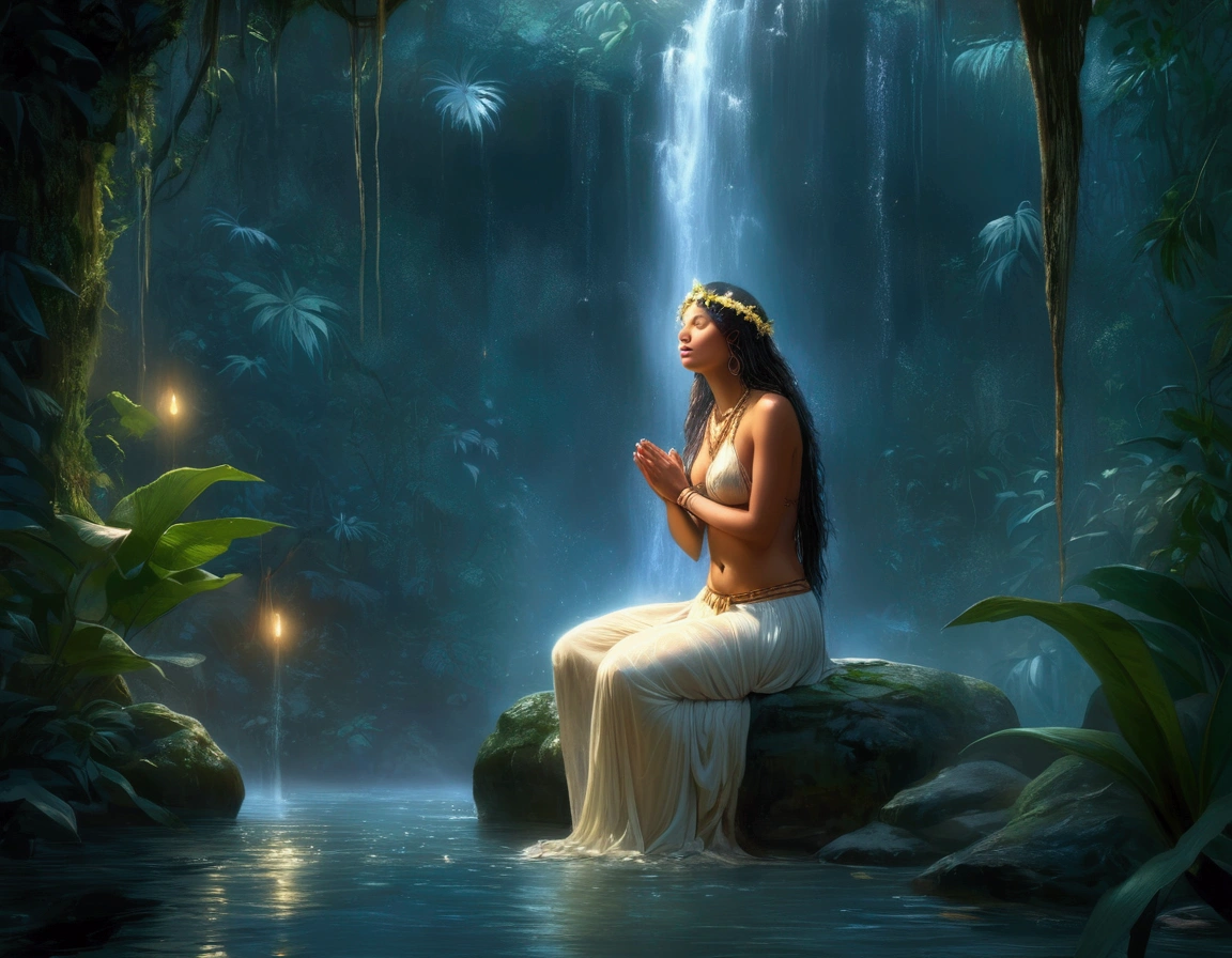 A lovely scantily clad woman prays for fertility at a jungle waterfall. A translucent goddess floats above the water and listens to her prayer. Moonlit confession
