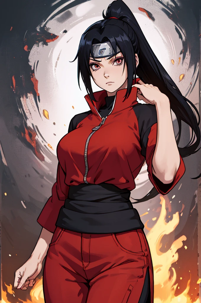 (((masterpiece))), ((naruto)), ((highly detailed)), (((high quality))), 1girl, (((solo))), upper art, ((pretty face:1.2)), (((black hair))), very long hair, (((ponytail))), sharigan eye, Uchiha eyes, ((Akatsuki clothing)), looking at viewer, nonchalant face, ((konoha background)), giant breasts, big breasts, ((pale skin)), closeup, ((dark vibes)), (((dynamic pose))), ((real proportions of a woman)), ((loose clothes)), ((dark red clothes))