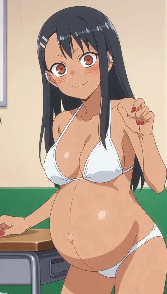 score_9, score_8_up, score_7_up, source_anime, anime screencap, anime coloring,
hayasenagatoro,
hayase nagatoro, long hair, bangs, black hair, hair ornament, brown eyes, hairclip, dark skin, dark-skinned female, tan, bikini, nail polish, red nails, earclip,
indoors, classroom, bent over, smile,
looking at viewer, solo, ((shows her naked breasts)), ((pregnant belly)), huge belly, rub belly, beach Background