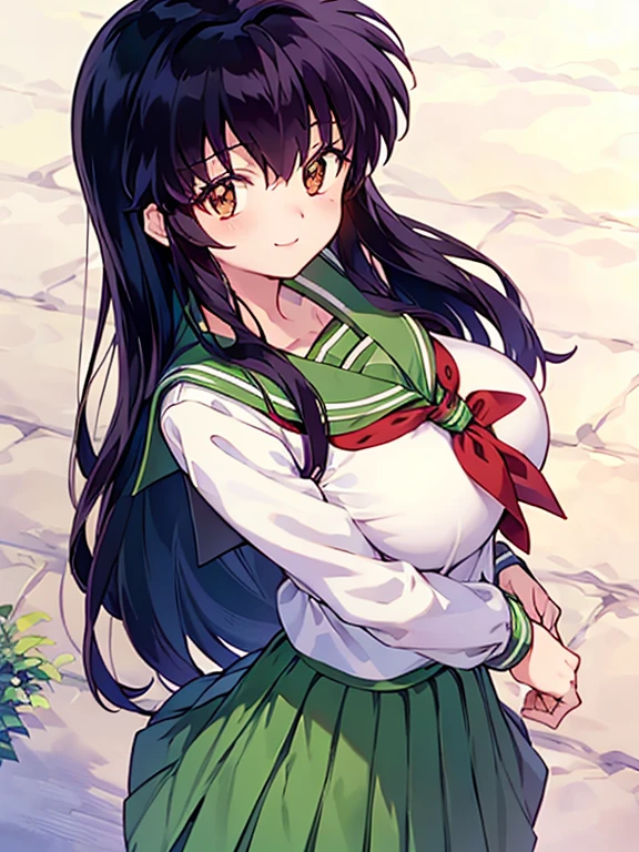 (best quality, masterpiece, highres), kagome higurashi, 1girl, solo, green , long sleeves, Accentuate your breasts, Accentuate your cleavage, big breasts, shirt with open button