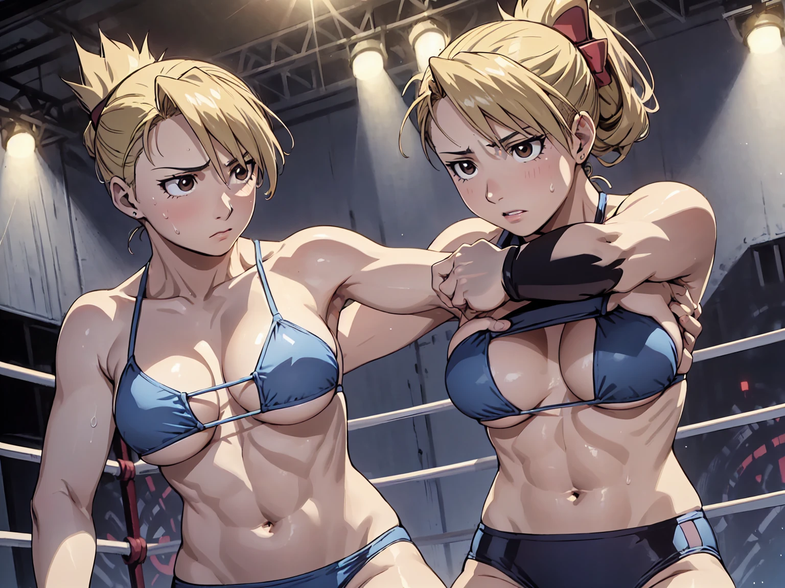 masterpiece, Highest quality, High resolution, One Girl, Hamriz, ponytail, Brown eyes,big , マイクロbikini、Cowboy Shot、Muscular body、blush、Sweat、Composition from the front、anime、(((Light blue bikini、Stand in front、audience、Shaking breasts、 fully exposed、Facing forward)))、((Wrestling Arena)), (Female wrestler), (Slender body, 発Sweat, tired), Mature Woman, Mature Woman, (bikini, Very detailed wrestling equipment) 