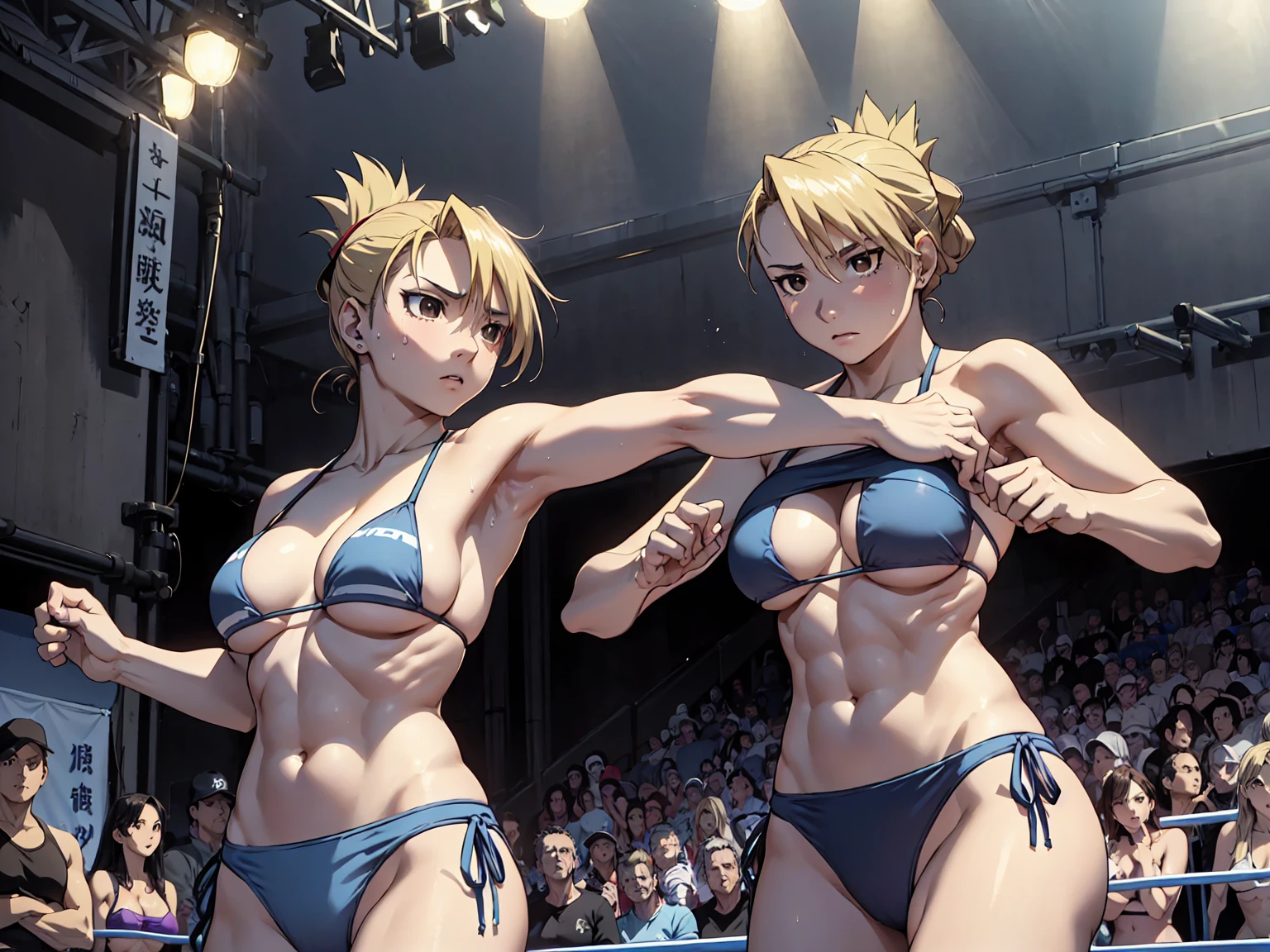 masterpiece, Highest quality, High resolution, One Girl, Hamriz, ponytail, Brown eyes,big , マイクロbikini、Cowboy Shot、Muscular body、blush、Sweat、Composition from the front、anime、(((Light blue bikini、Stand in front、audience、Shaking breasts、 fully exposed、Facing forward)))、((Wrestling Arena)), (Female wrestler), (Slender body, 発Sweat, tired), Mature Woman, Mature Woman, (bikini, Very detailed wrestling equipment) 