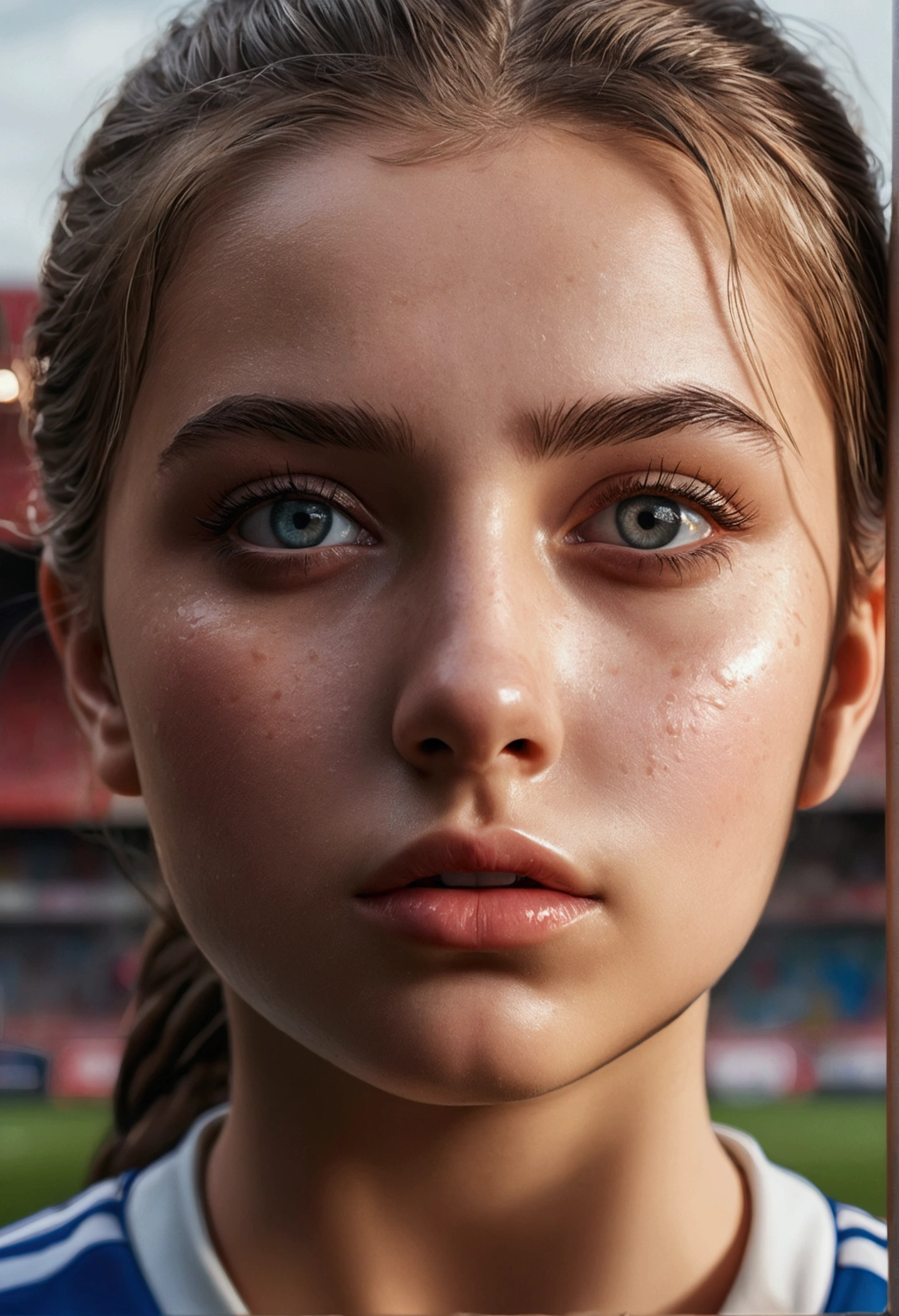 A girl in a soccer uniform, beautiful detailed eyes, beautiful detailed lips, extremely detailed eyes and face, long eyelashes, photorealistic, hyper detailed, 1 girl, highly detailed, realistic, oops, wet, embarrassed, dynamic, cinematic lighting, dramatic, award winning photo, sharp focus, color graded, 8k, masterpiece, intricate details, realistic textures, volumetric lighting, cinematic composition