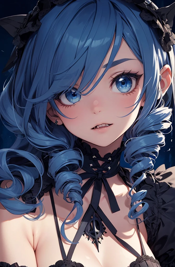 ((Super detailed illustration)), (Masterpiece, 8K), (Best quality, High quality), Perfect anatomy, Super detailed, Super detailed, Perfect design, 20-year-old, (((native American girly))), rostro maduro,, ((blue hair)), ((fang)), (((drill hair))), ((Blue eyes:1.2)), big eyes, ((Gothic)), ((Gothic Lolita)), hair between eyes, (Beautiful eyes: 1.1), elegant forms, natural inspiration,full body,((dark blue hair)),