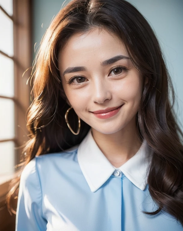 Highest quality, Upper Body, Soft Light, Ultra-high resolution, (Realistic:1.4), RAW Photos, Japanese 30-year-old woman,(((((Dimples on the cheeks))))),(((((Gentle smile))))),(((((Diagonally to the side,look)))), (pupil, Light in your eyes), Beautiful face in every detail, (High resolution detail of human skin texture),Glowing Skin,(((((Show me your forehead,Loose permed long hair))))),The room is bright and bright.(((((Europe,Small window))))), (((((Light blue blouse with white collar))))),bust((((Small in size,Show))))),(((((Eyebrows are natural color)))))