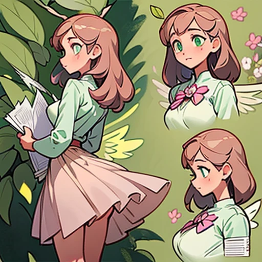 Sweet and gentle face, with bright green eyes and a kind expression.
Long, light brown hair, loose with soft waves. With flowers in her hair.
With a slim and natural body figure. Olive-toned skin.
Dressed in pink and fiusha erotic school inifom (skirt) and with fairy wings
(((character sheet))) ((various views)) ((front and back) (Face detail) (full body)
